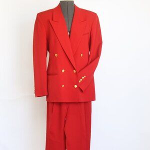 Austin Reed Red 2-PC Pant Suit Double Breasted Blazer Gold Buttons 100% Wool 6-8